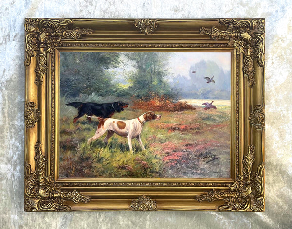 Fine Oleograph on Canvas - A Gordon Setter & Pointer in the Field - aft Eugene Petit