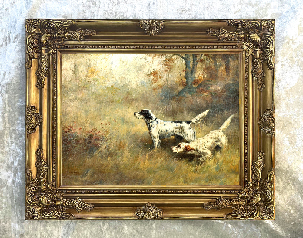 Fine Gilt Framed Lithograph - Pair of Setters in a Landscape in a Woodland Landscape