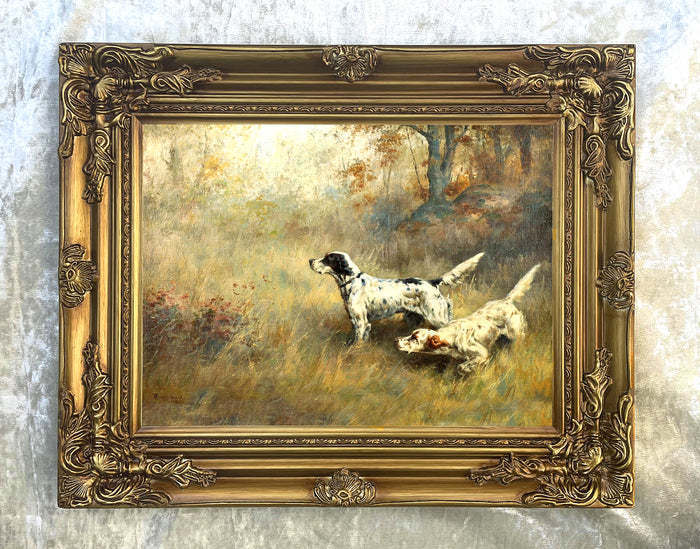 Fine Gilt Framed Lithograph - Pair of Setters in a Landscape in a Woodland Landscape