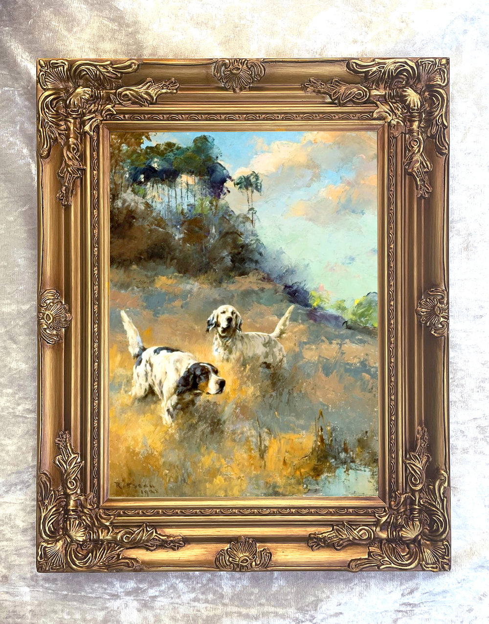 Excellent Lithograph on Canvas - A Pair of English Setters in a Landscape
