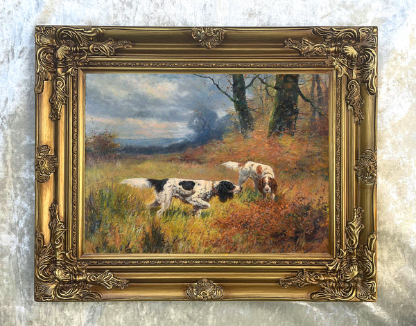 Fine Oleograph on Canvas - A Pair of Setters Pointing after Eugene Petit