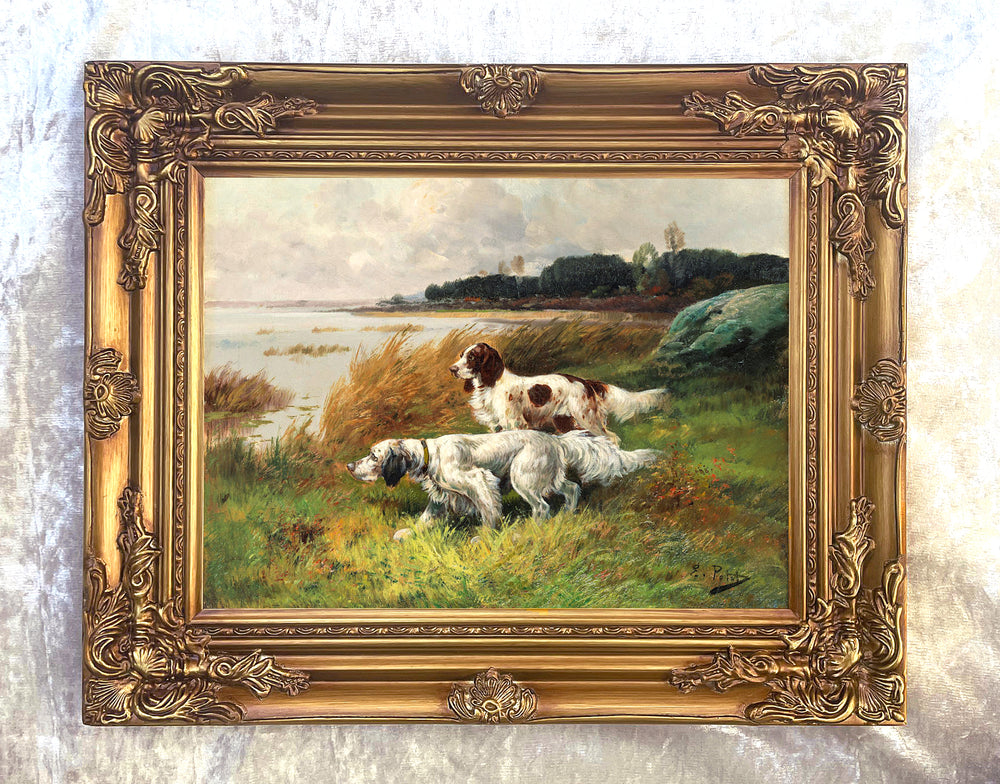 Gilt Framed Oleograph of English Setters in a Coastal Landscape