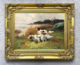 Gilt Framed Oleograph of English Setters in a Coastal Landscape