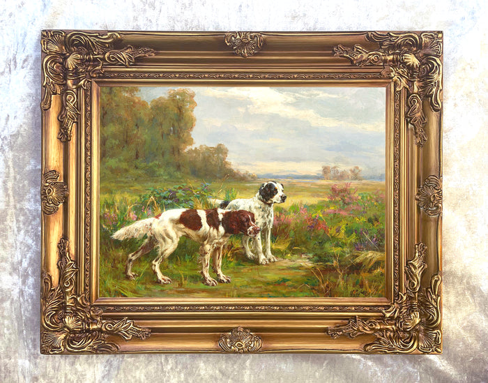 Excellent Oleograph on Canvas of Setters in Woodland Landscape