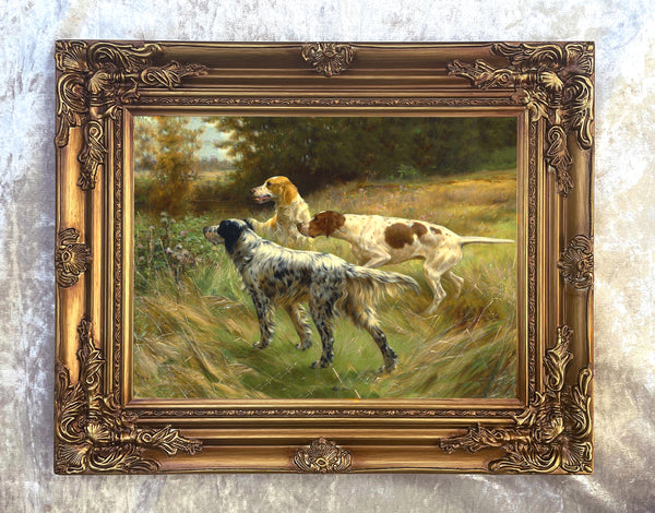 Fine Oleograph on Canvas of a Pair of Setters & a Pointer in the Field