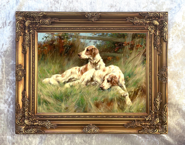 Ornate Framed Oil Painting Print on Canvas -Pair of Resting English Setters