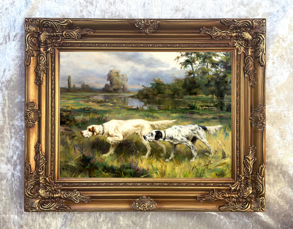 Fine Oleograph on Canvas - "Setters on Point in a River Landscape"