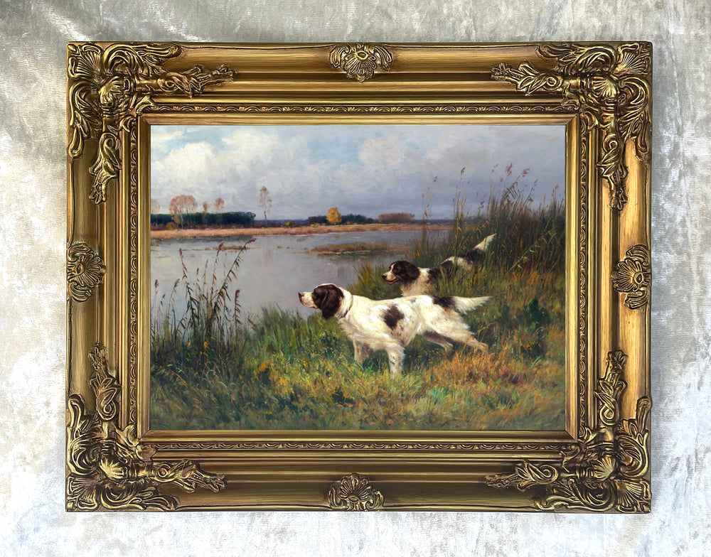 Gilt Framed Oleograph of Spaniels in a River Landscape