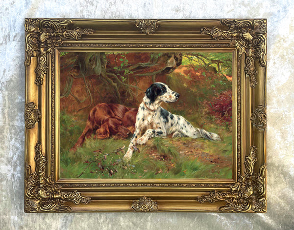 Gilt Framed Oleograph of a pair of English Setters - Waiting for the Guns