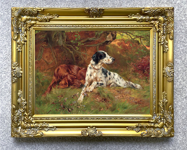 Gilt Framed Oleograph of a pair of English Setters - Waiting for the Guns