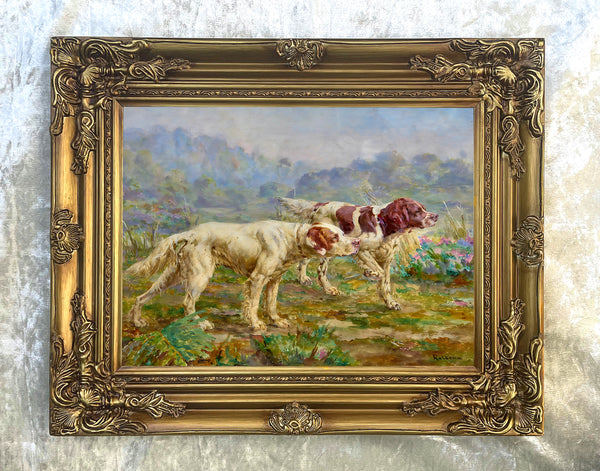 Framed Oleograph of  2 Setters in a Moorland Landscape aft. Rosseau
