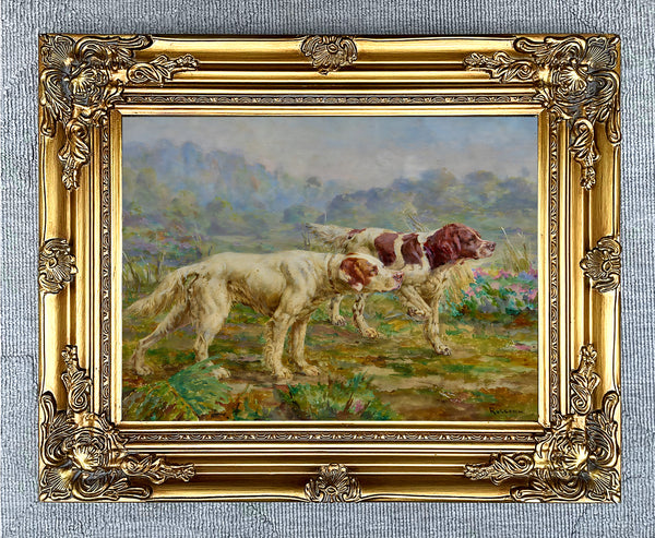 Framed Oleograph of  2 Setters in a Moorland Landscape aft. Rosseau