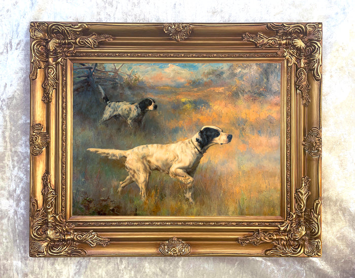 Fine Oleograph on Canvas - A Pair of English Setters in the Field - aft Rosseau