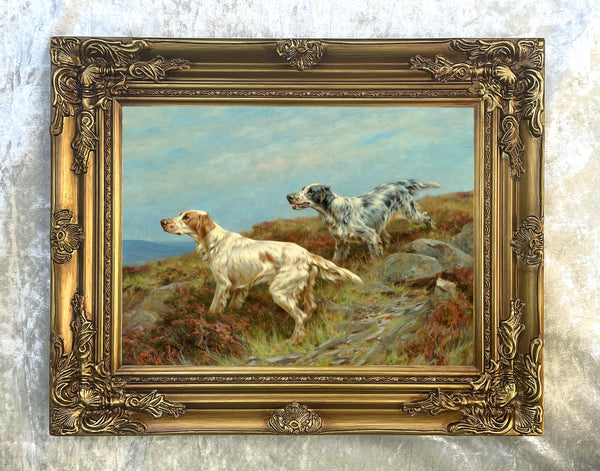 Gilt Framed Oleograph of Working English Setters in the Field aft.Thomas Blinks