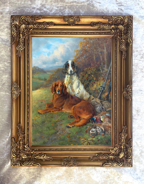 Gilt Framed Oleograph of Working English Setters "After the Shoot"