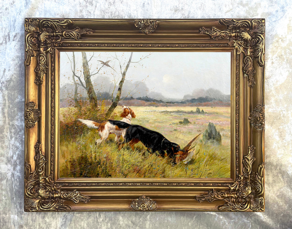 Ornate Framed Oil Painting Print on Canvas -Pair of Setters with Game