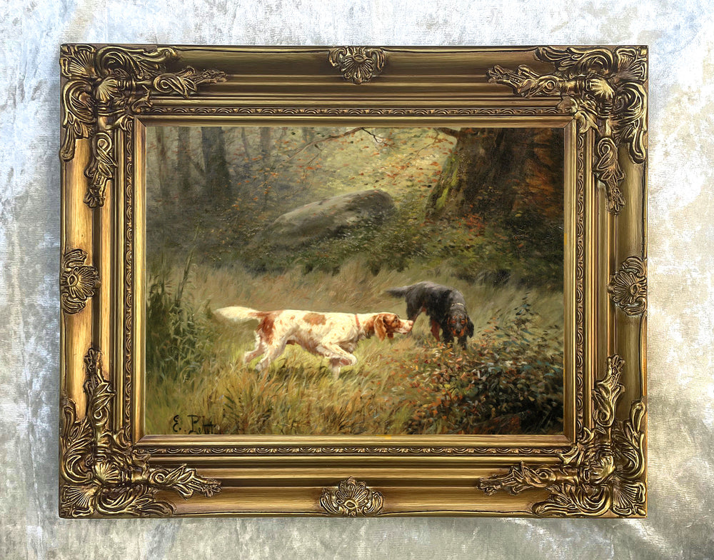 Framed Oleograph of  Setters in a Woodland Landscape