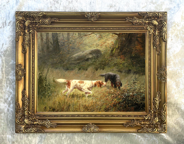 Framed Oleograph of  Setters in a Woodland Landscape