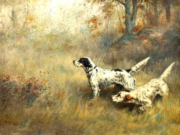 Fine Gilt Framed Lithograph - Pair of Setters in a Landscape in a Woodland Landscape