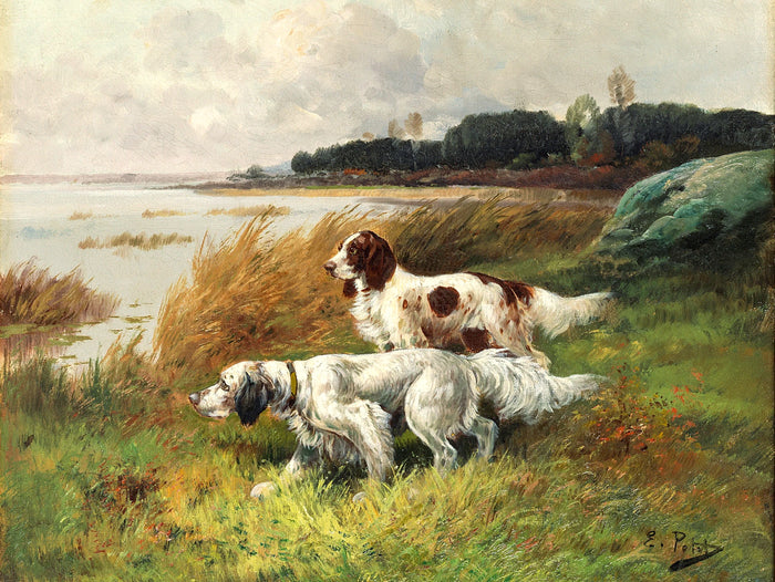 Fine Oleograph on Canvas of a Pair Setters Duck Hunting.