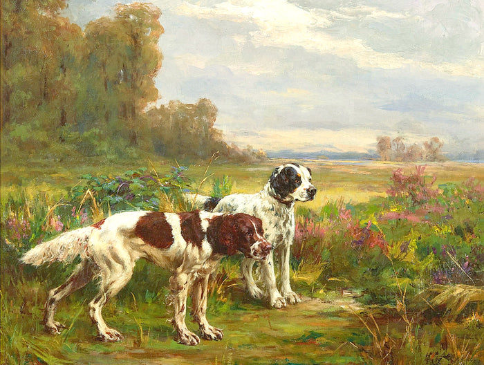 Excellent Oleograph on Canvas of Setters in Woodland Landscape