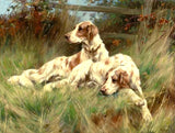 Ornate Framed Oil Painting Print on Canvas -Pair of Resting English Setters