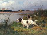 Gilt Framed Oleograph of Spaniels in a River Landscape