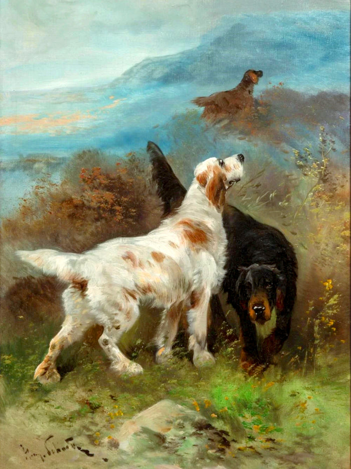 Fine Oleograph on Canvas - A Pair of Setters in the Mountains after Henri Schouten