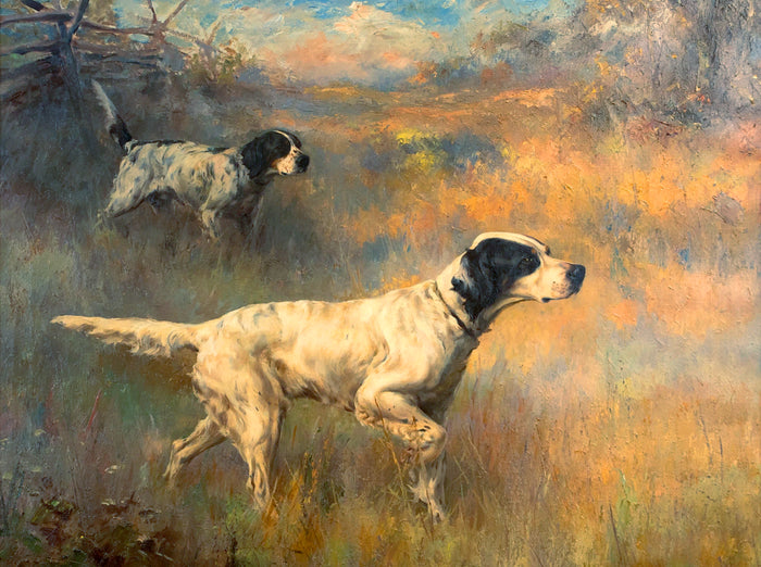 Fine Oleograph on Canvas - A Pair of English Setters in the Field - aft Rosseau