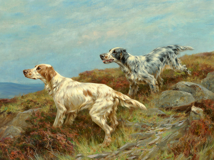 Gilt Framed Oleograph of Working English Setters in the Field aft.Thomas Blinks