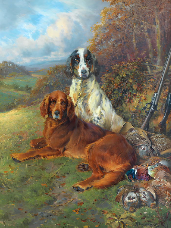 Gilt Framed Oleograph of Working English Setters 