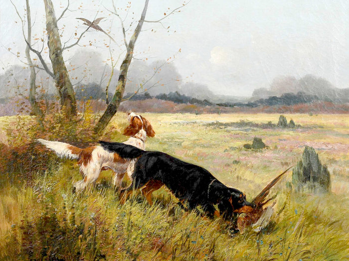 Ornate Framed Oil Painting Print on Canvas -Pair of Setters with Game