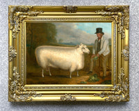 Fine Oleograph on Canvas Portrait of a Prize Sheep & Farmer in a Landscape