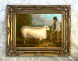 Fine Oleograph on Canvas Portrait of a Prize Sheep & Farmer in a Landscape