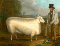 Fine Oleograph on Canvas Portrait of a Prize Sheep & Farmer in a Landscape