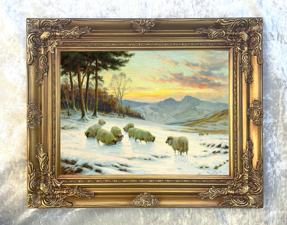 Fine Oleograph on Canvas of Sheep in Winter