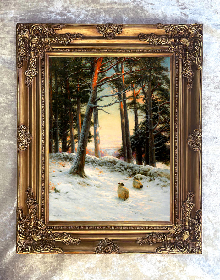 Fine Oleograph on Canvas of Sheep in a Snowy Meadow aft. J Farquharson