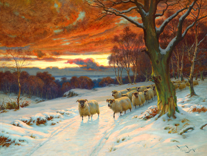 Fine Oleograph on Canvas of Sheep in a Wintry Woodland at Twilight