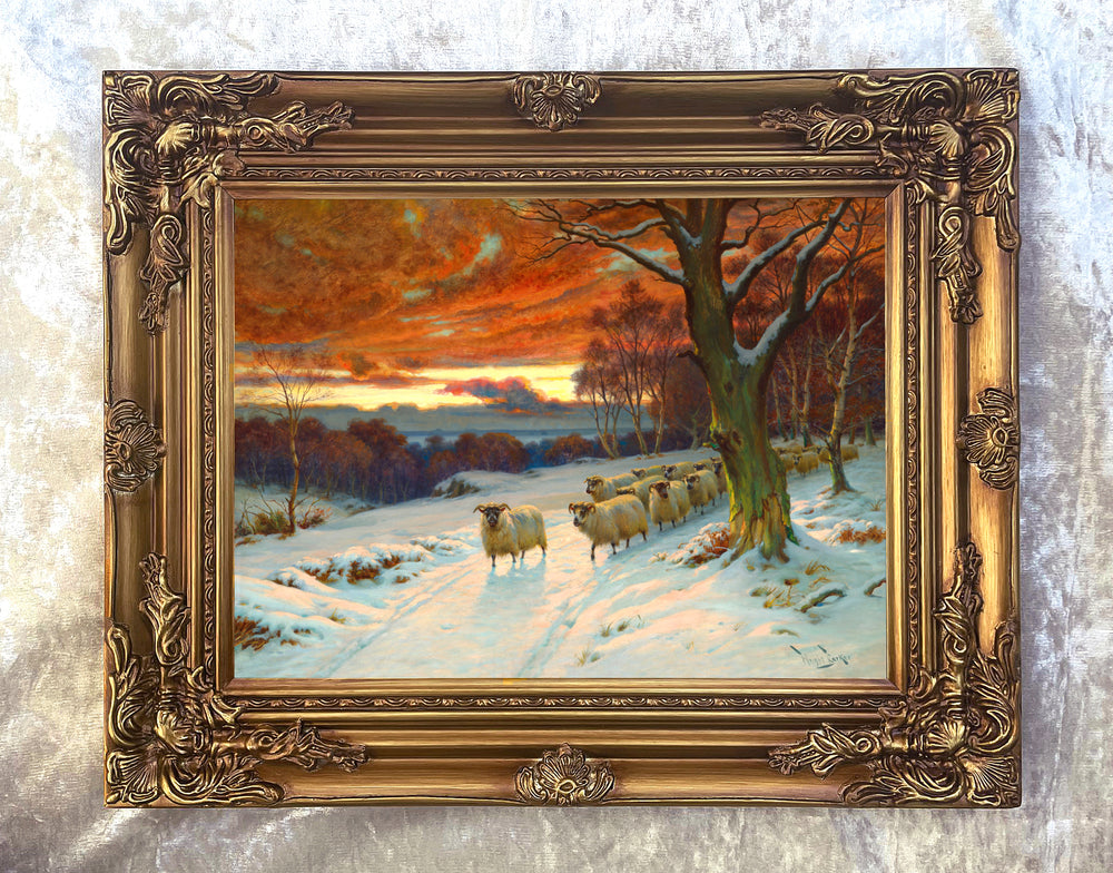 Fine Oleograph on Canvas of Sheep in a Wintry Woodland at Twilight