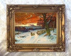 Fine Oleograph on Canvas of Sheep in a Wintry Woodland at Twilight