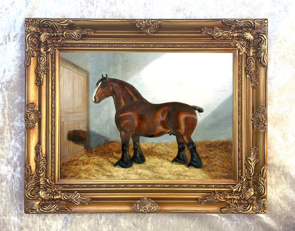 Oleograph on Canvas of a Bay Shire Horse in a Stable