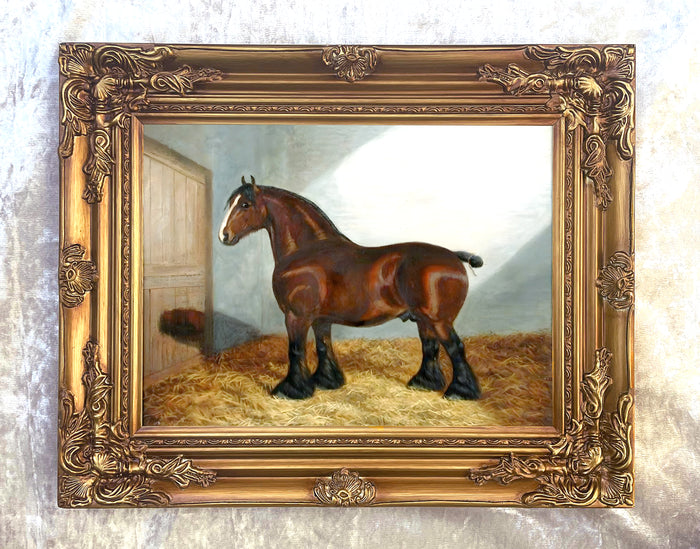 Oleograph on Canvas of a Bay Shire Horse in a Stable