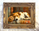 Gilt Framed Oleograph of a Rough Coat Jack Russell sleeping