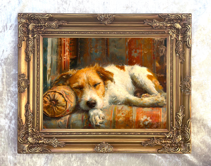 Gilt Framed Oleograph of a Rough Coat Jack Russell sleeping