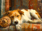 Gilt Framed Oleograph of a Rough Coat Jack Russell sleeping