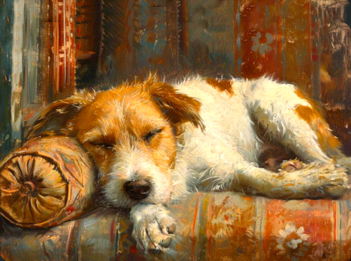 Gilt Framed Oleograph of a Rough Coat Jack Russell sleeping