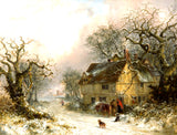 Fine Oleograph on Canvas of a Traveller by a Wintry Cottage