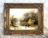 Fine Oleograph on Canvas of a Traveller by a Wintry Cottage