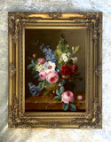 Fine Oleograph on Canvas - Still life of Roses & Bellflowers in a vase on a marble ledge