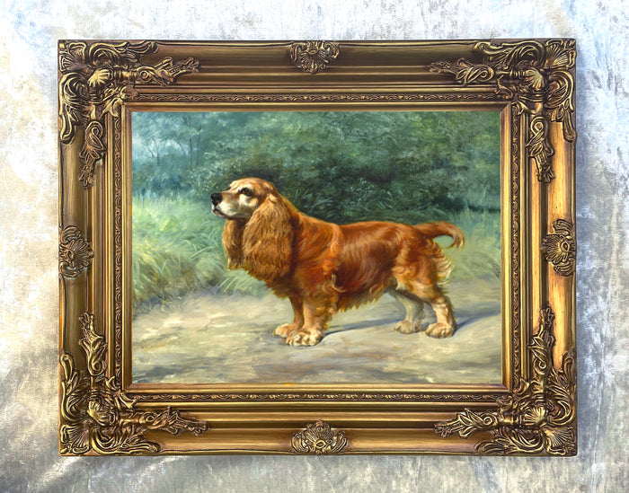 Framed Oleograph of  a Cocker Spaniel in a Wooded Landscape